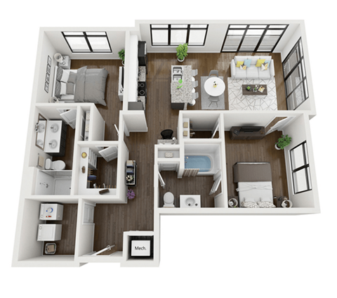 this is a 3d floor plan of a 824 square foot 1 bedroom apartment at the